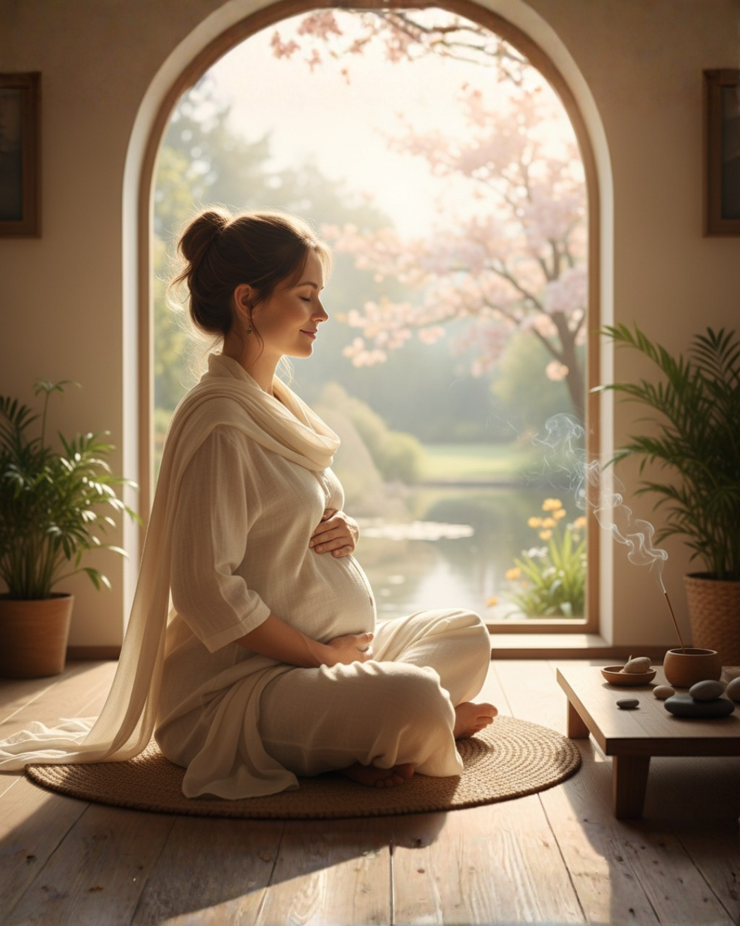Expecting mother meditating during prenatal yoga – online antenatal yoga classes India prenatal yoga classes online India, online antenatal yoga classes India